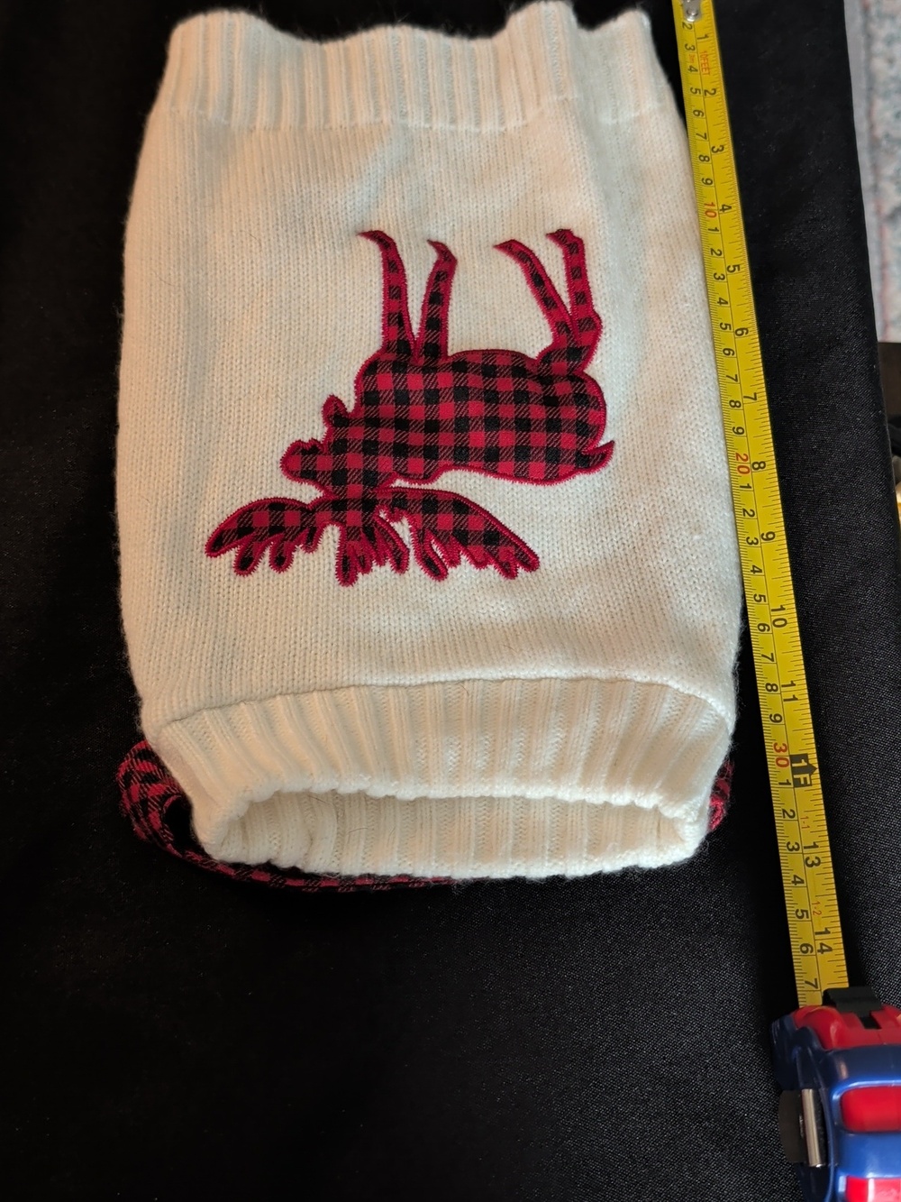 Dog Clothes- Ivory Knit Sweater with Red Buffalo Plaid Moose And Scarf Size XS/S - Picture 4 of 6